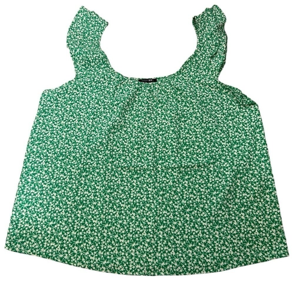Papermoon Sleeveless Ruffle Strap Tank Green & White Floral Print Size 1XL NWT